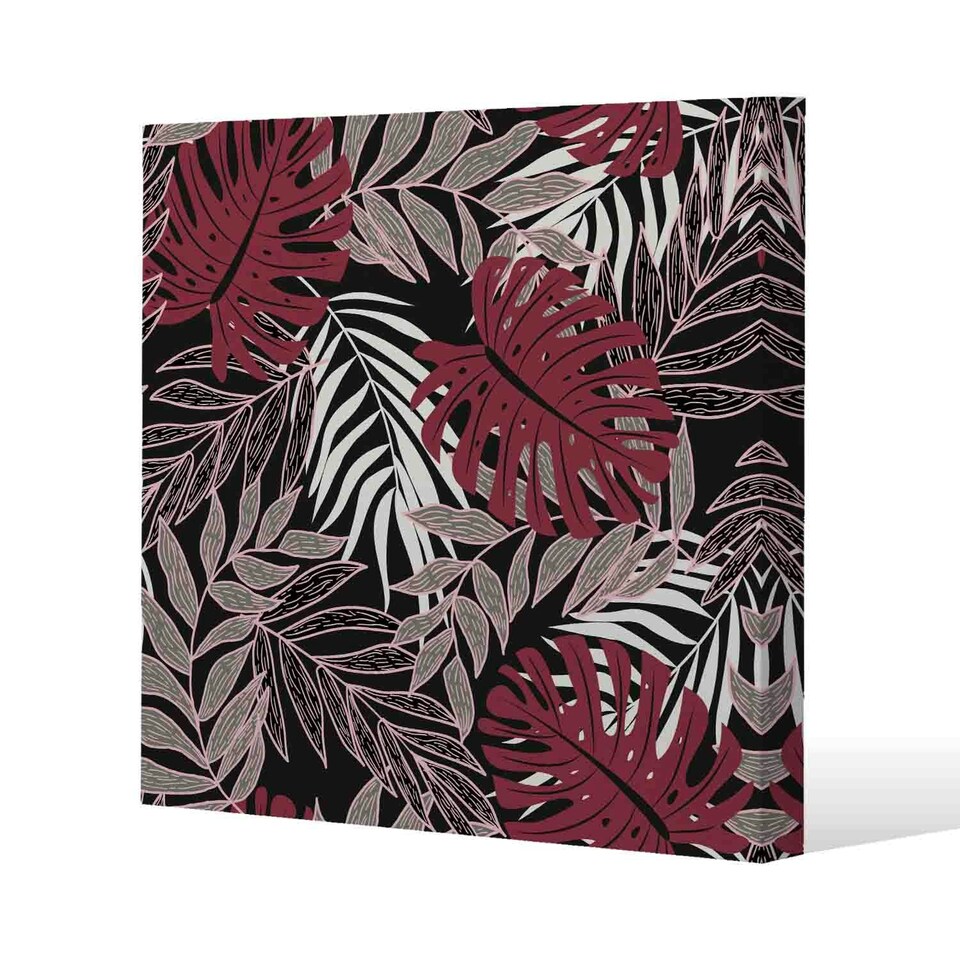 image 1 of Tropical Leaves in Red, White & Grey (Canvas Print) 46 x 46 x 4cm