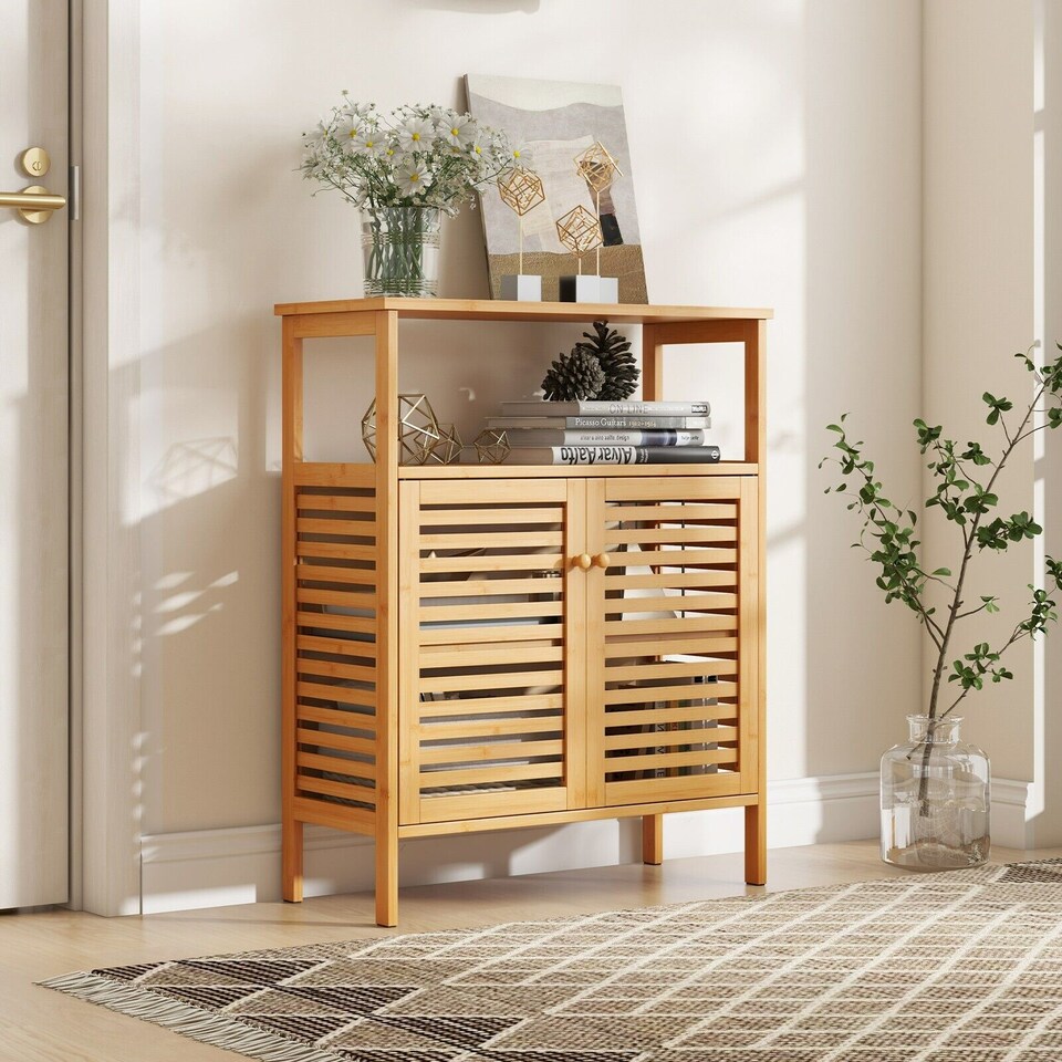 image 1 of COSTWAY Bamboo Side Storage Organizer Bathroom Floor Cabinet