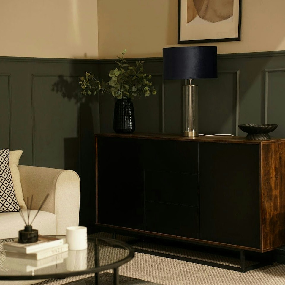 image 1 of ValueLights Clear Tube and Brushed Chrome Metal Bedside Table Lamp with a Navy Blue Velvet Shade
