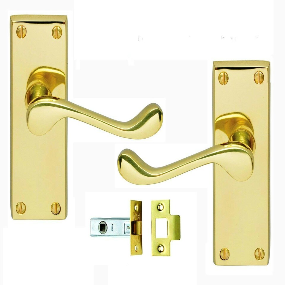 image 1 of Golden Grace 1 Pair Victorian Scroll Door Handles in Polished Brass Finish with Latch - 120mm Backplate Gold