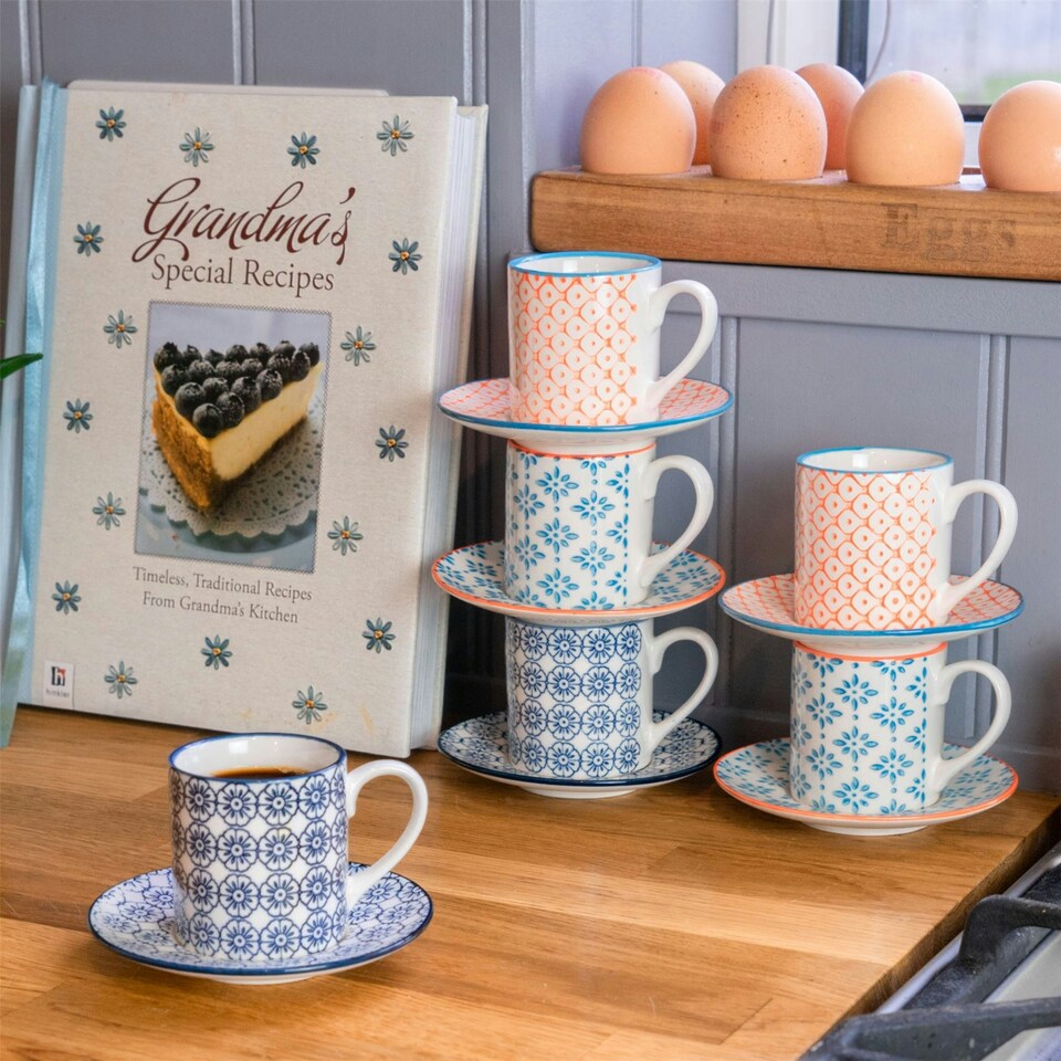 image 1 of Nicola Spring 12 Piece Hand-Printed Espresso Cup & Saucer Set - 65ml - Orange Orange