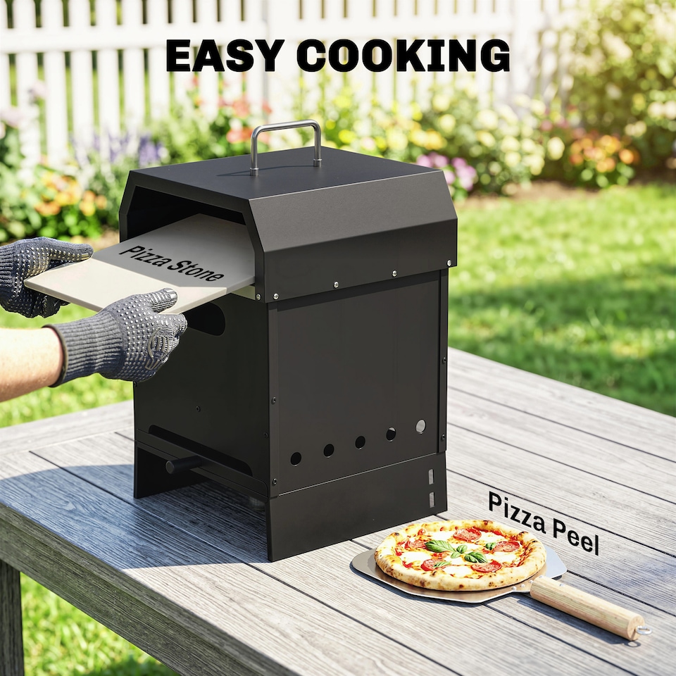 image 1 of Outsunny 3 in 1 Portable Wood Fired Outdoor Pizza Oven with Handles | Black | Black | 40 x 37.5 x 53.5 cm