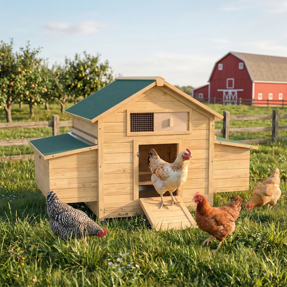 image 1 of PawHut Chicken Coop with Nesting Box, Openable Top, Pull-Out Tray, Yellow