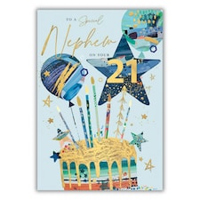 Words 'n' Wishes Special Nephew 21st Birthday Card - Happy Birthday Card for Men Age 21 with Contemporary Cake and Balloons Design with an Embossed Foil Finish