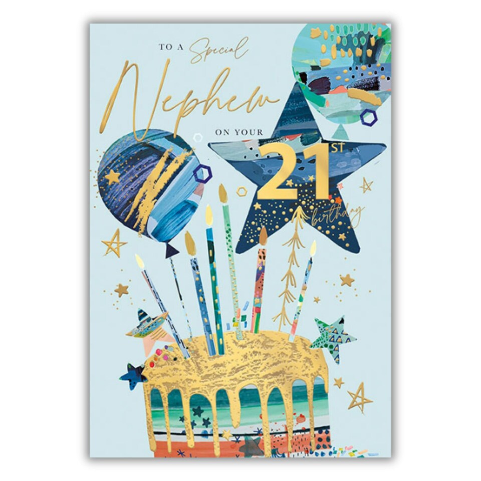 Words 'n' Wishes Special Nephew 21st Birthday Card - Happy Birthday Card for Men Age 21 with Contemporary Cake and Balloons Design with an Embossed Foil Finish