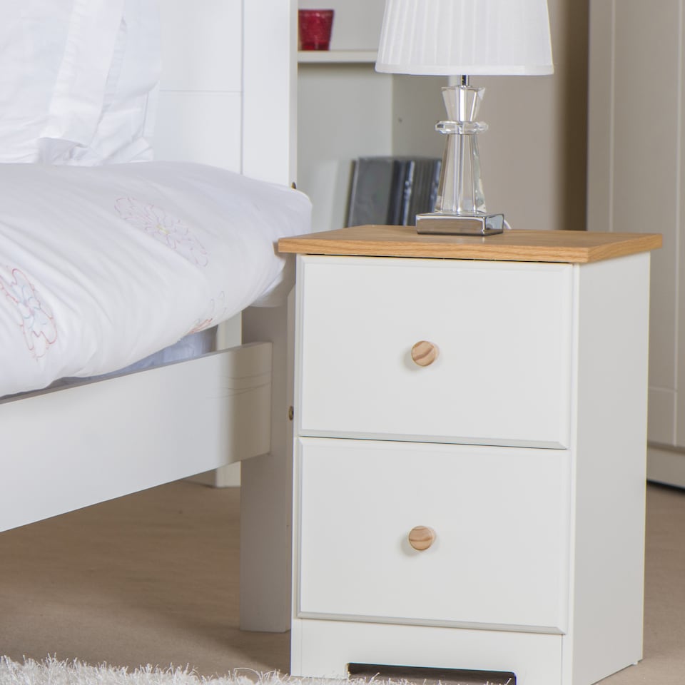 image 1 of Colorado 2 Drawer Bedside Cabinet Soft White Painted Finish with Oak Woodgrain Top, Bedroom Furniture | White | Soft White | 1