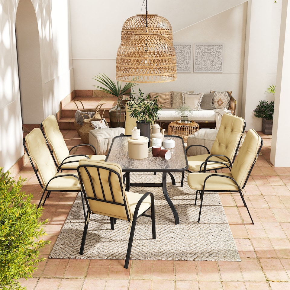 image 1 of Outsunny 7 PCs Garden Dining Set w/ Umbrella Hole & Cushion, Beige
