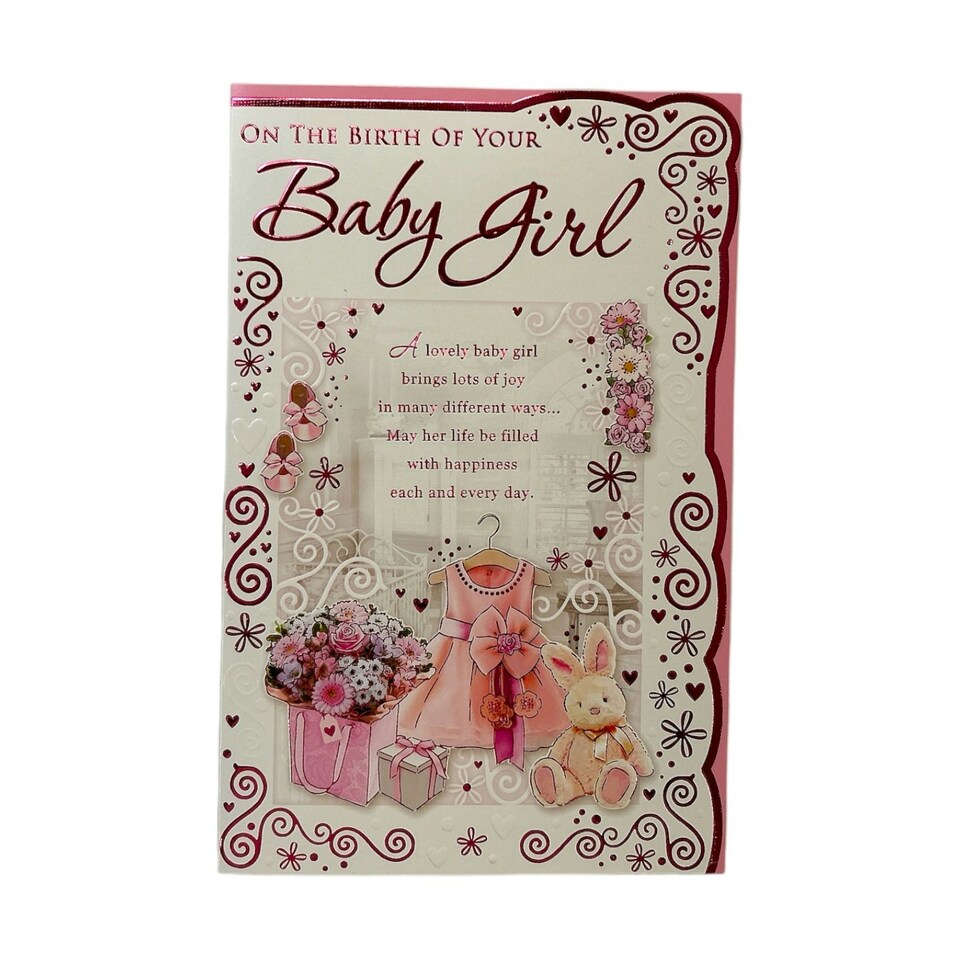 image 1 of On The Birth Of Baby Girl Pink Dress And Teddy Design Opacity Congratulations Card