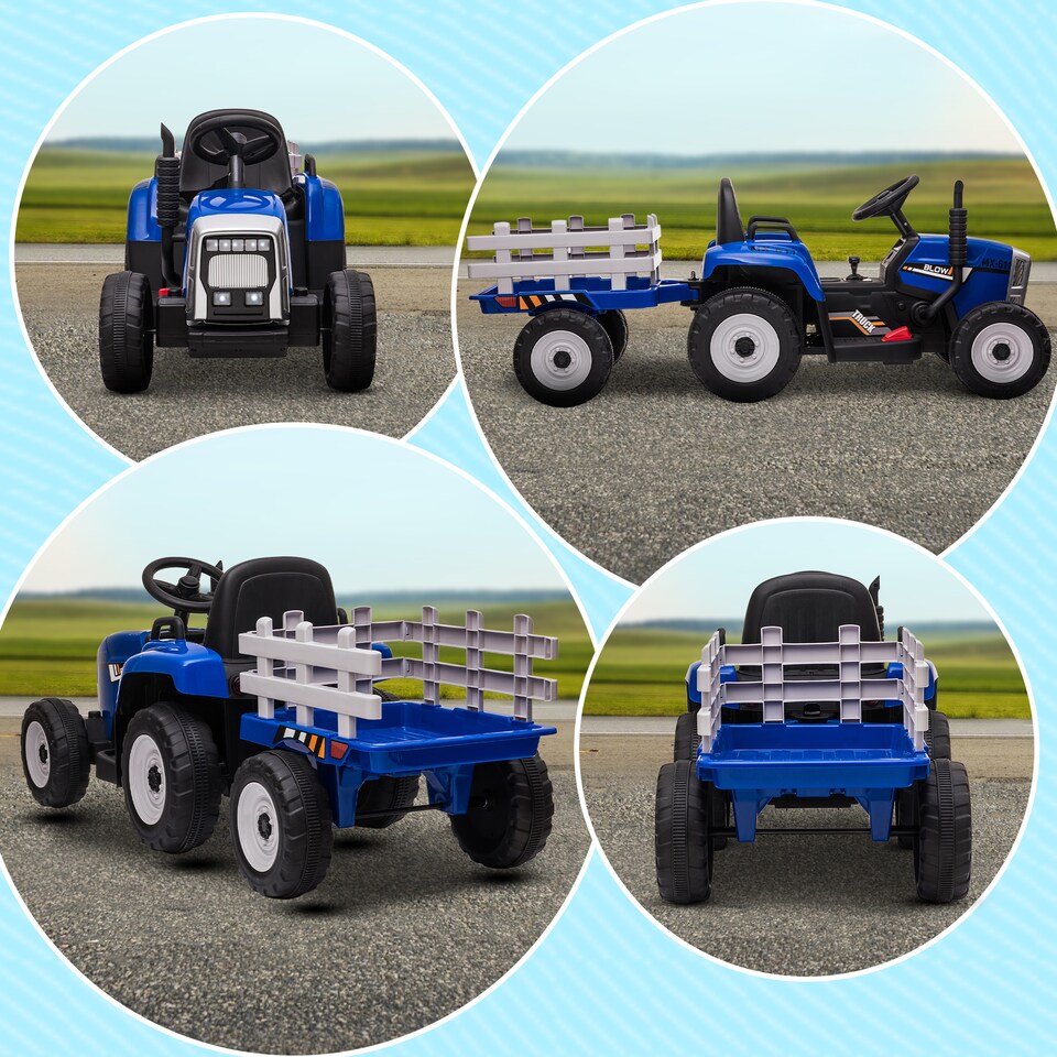 image 1 of HOMCOM Kids Electric Car, 12V Electric Ride on Tractor and Trailer with Detachable Trailer Remote Control, USB, Horn, Lights, Start-Up Sound, for Ages 3-6 Years, Blue