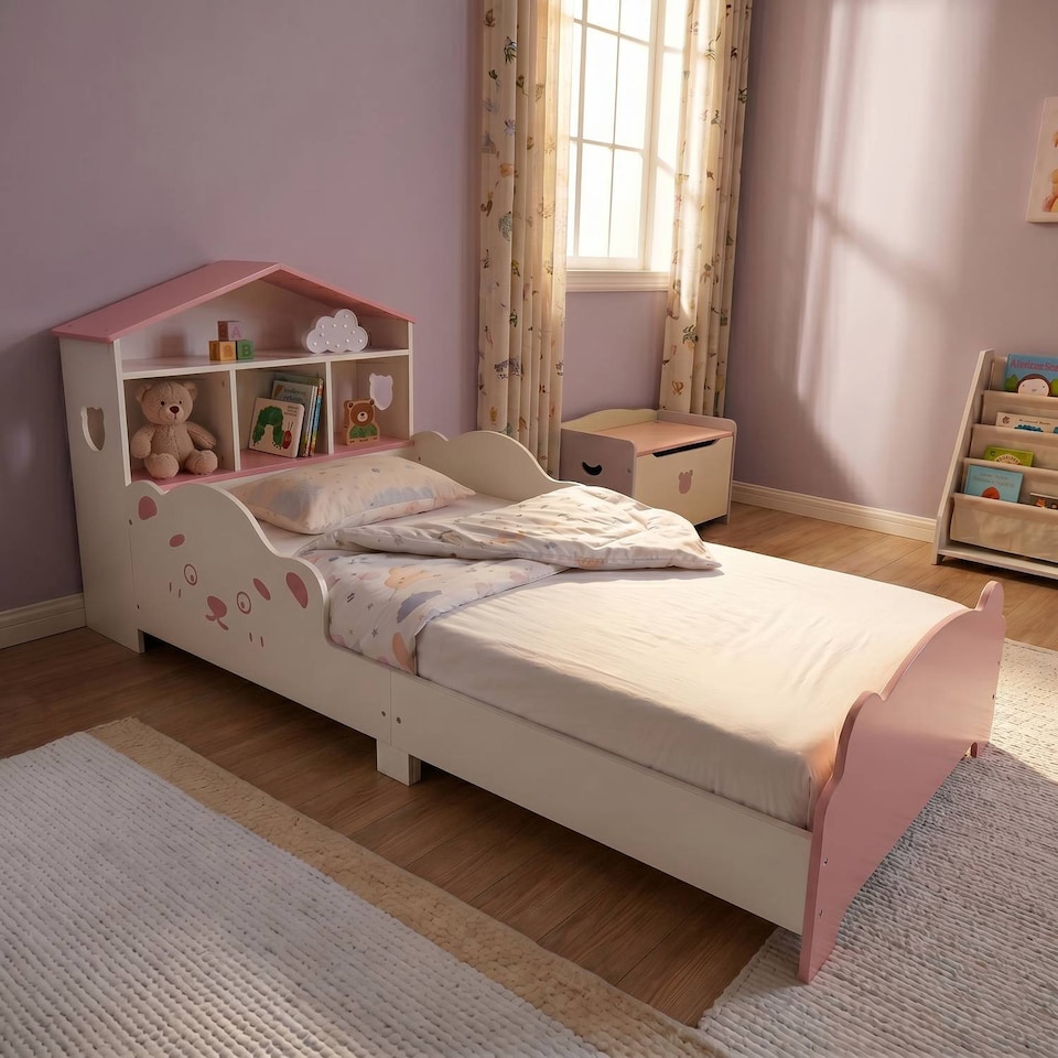 image 1 of TOTO Wooden Toddler Bed w/ Integrated Bookshelf Storage Junior Kids Frame - Pink
