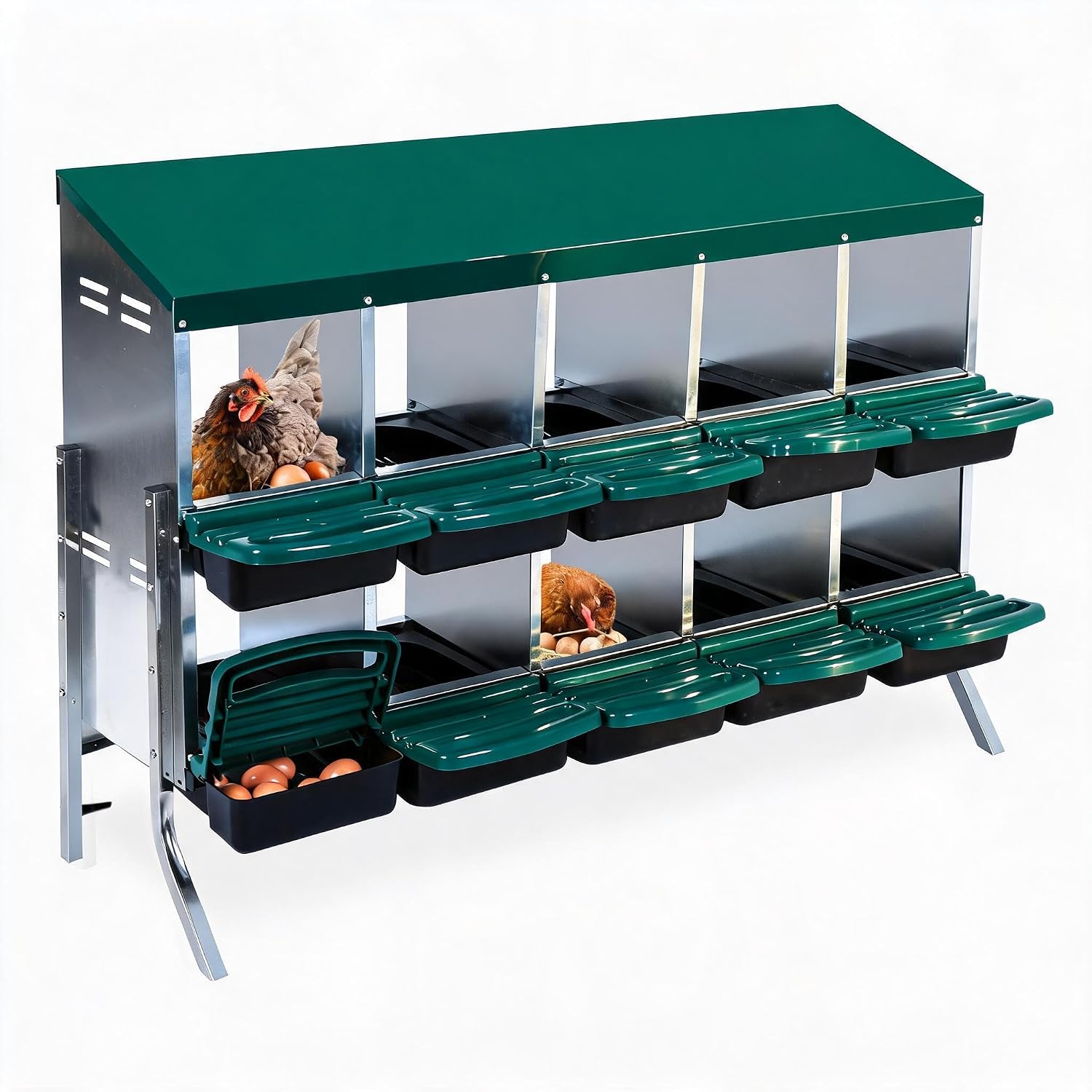 London Boutique 10âCompartments Galvanized Chicken Nesting Box with Support Legs, Green