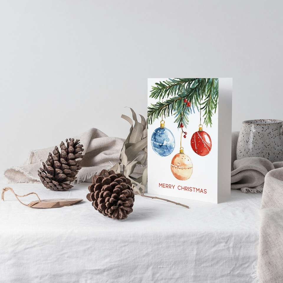 image 1 of Three Baubles Hanging From Tree Watercolour Blank For Him Or Her Art Christmas Card