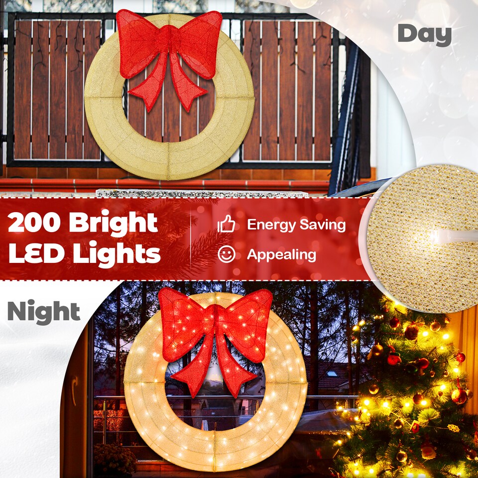 image 1 of COSTWAY 48 Inch Pre-Lit Christmas Wreath Indoor Outdoor Xmas Decorated Garland