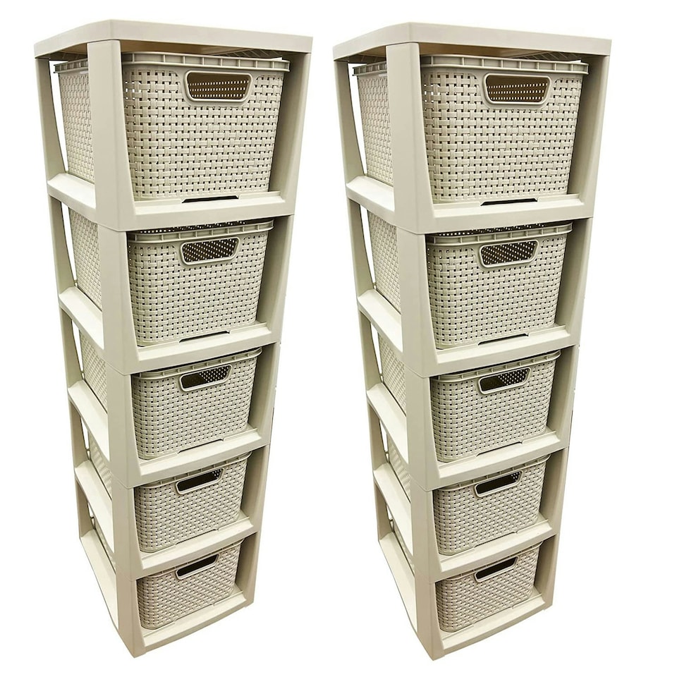 image 1 of 1 x 5 Drawer Cream Rattan Effect Commode Stylish Home Office Storage Tower Unit Basket | Cream