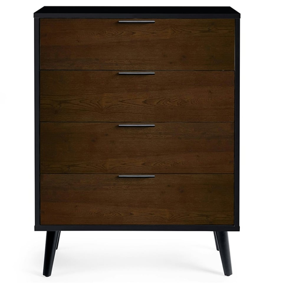 image 1 of Walnut Oak and Matt Black Wide Chest of Drawers (4 Drawers)