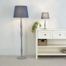 ValueLights Victoria Grey Wood Traditional Stem Table Lamp with Navy Blue Tapered Drum Shade and LED Bulb