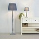 image 1 of ValueLights Victoria Grey Wood Traditional Stem Table Lamp with Navy Blue Tapered Drum Shade and LED Bulb