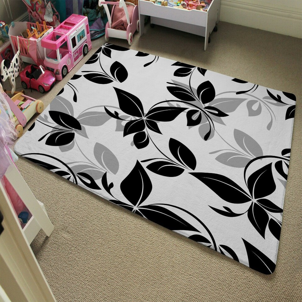image 1 of Black & White Floral (Rug) Black | Large: 140x200cm