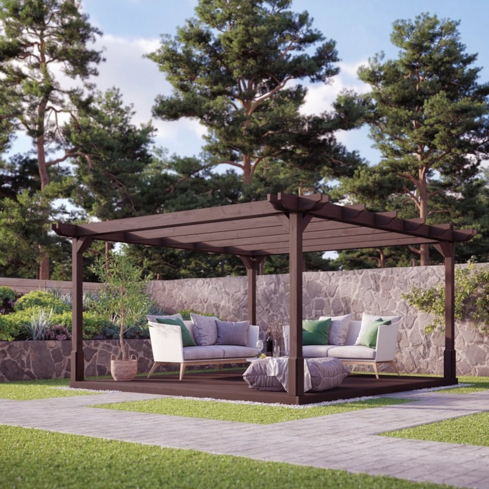 image 1 of Double Premium Pergola and Decking Kit - Wood - L300 x W300 cm - Rustic Brown