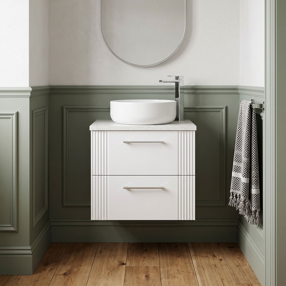 image 1 of Balterley Partial Fluted 2 Drawer Wall Hung Vanity Unit with Sparkling Laminate Worktop | White | Satin White