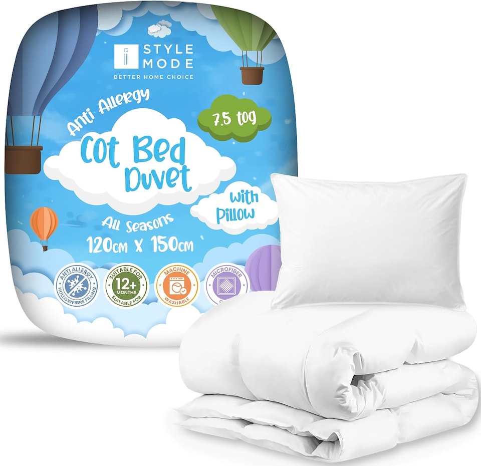 image 1 of Cot Bed Duvet and Pillow 7.5 Tog 120cm x 150cm I Lightweight Soft Snug Quilt for Kids I Toddlers I Hypoallergenic I Anti Allergy I Machine Washable