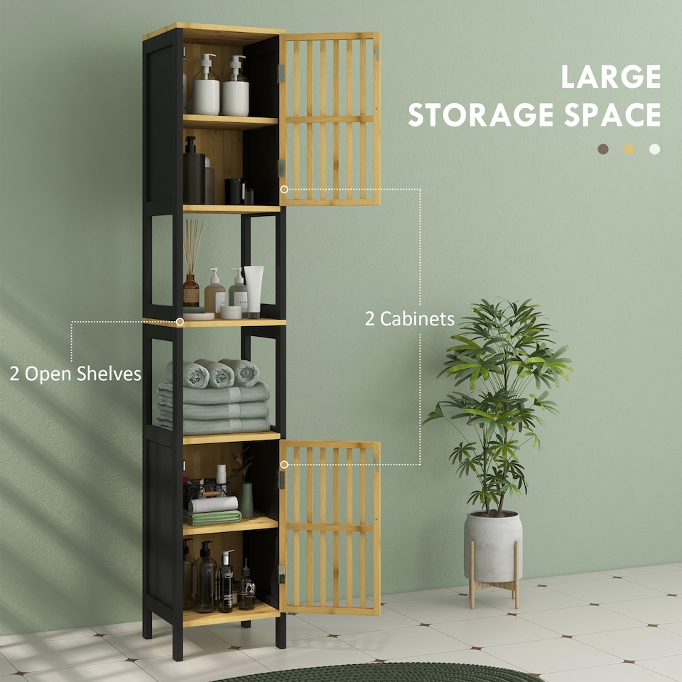 image 1 of HOMCOM Tall Bathroom Storage Cabinet, Slim Bamboo Bathroom Cabinet with 2 Open Compartments, 2 Slatted Doors and Adjustable Shelves, Black