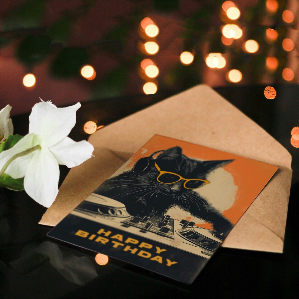 image 1 of DJ Decks Black Cat Lover Sunglasses For Him Birthday Card
