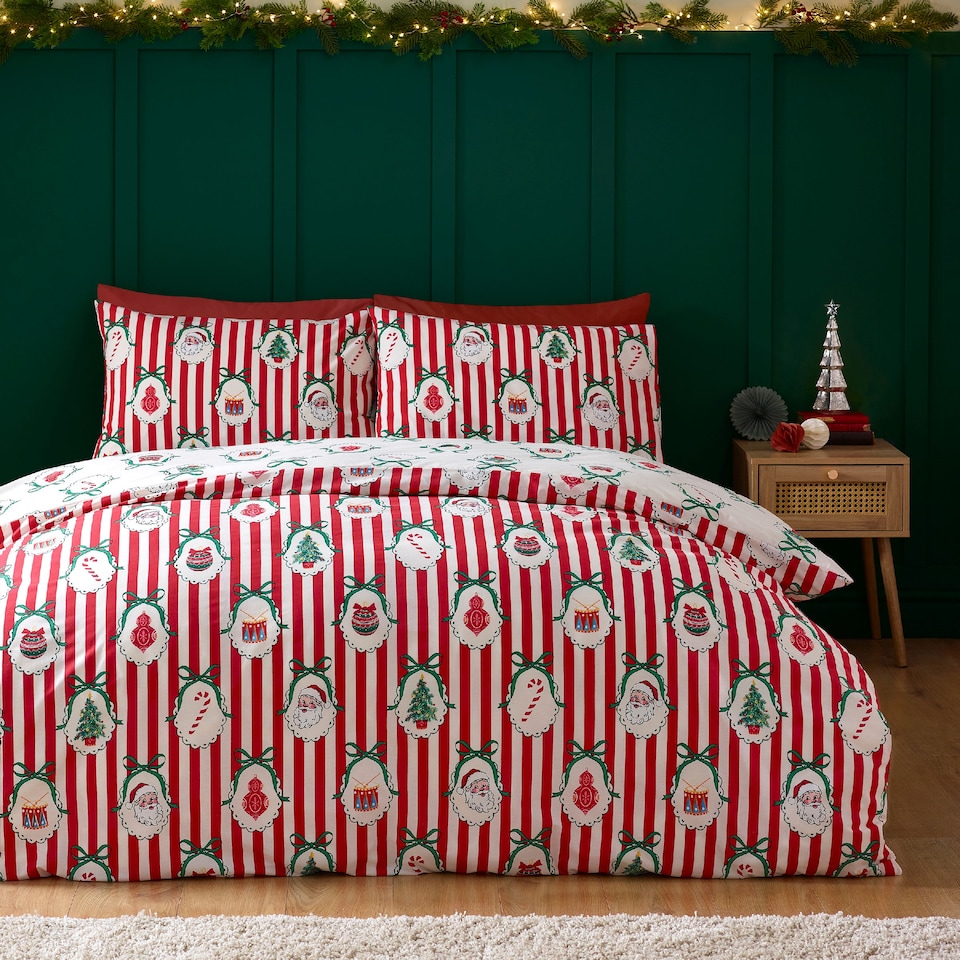 image 1 of Catherine Lansfield Christmas Vintage Stripe Reversible Duvet Cover Set