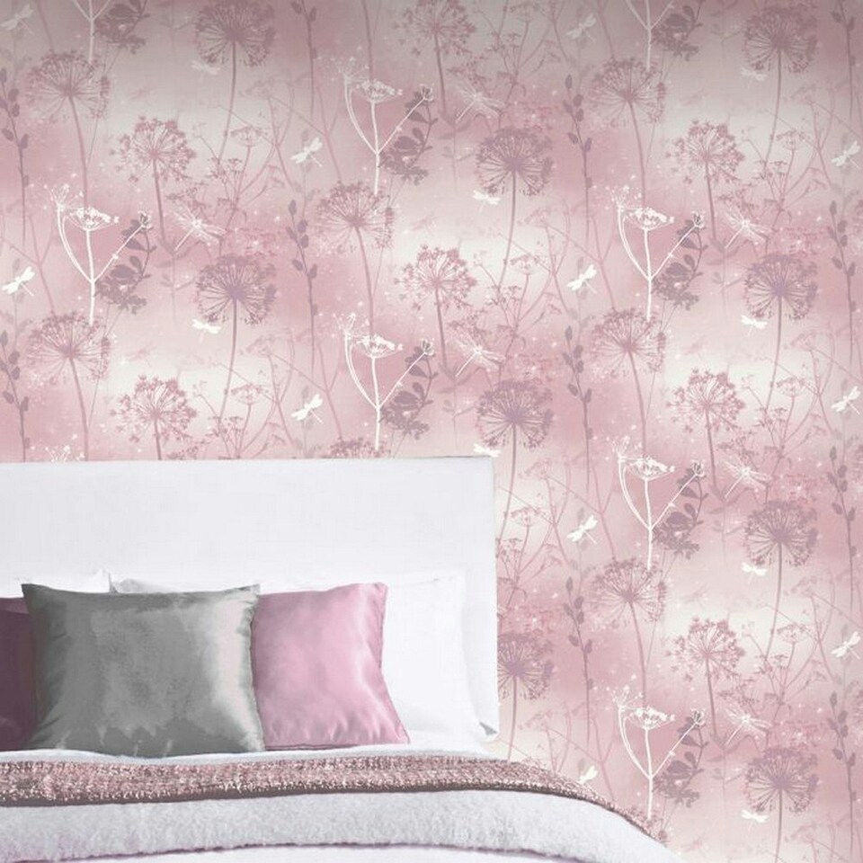 image 1 of Arthouse Fantasia Damselfly Wallpaper - Pink/Silver - 32.1ft x 21in