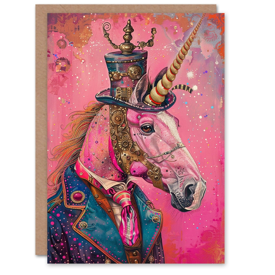 image 1 of Stylish Pink Steampunk Unicorn Top Hat Suit Daughter Son Birthday Card