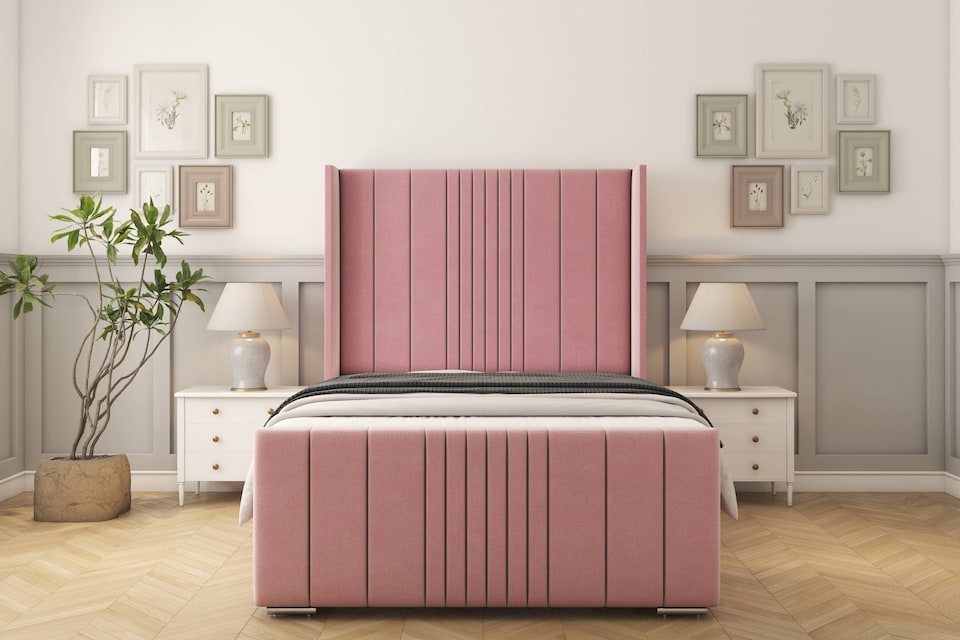 image 1 of Sloomy Hargrave Pink Plush Bed Frame With 50"  Upholstered Wingback Headboard 4' Small Double