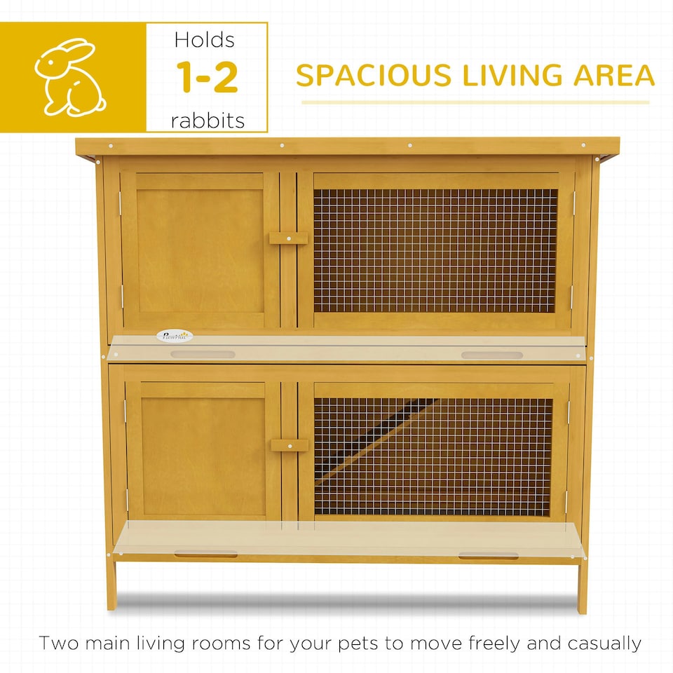 image 1 of PawHut Rabbit Hutch, Double Decker Cage w/ Roof, Divider, Ramp, Yellow