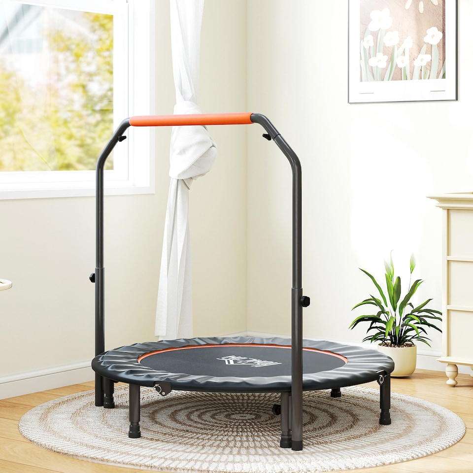 image 1 of HOMCOM 48" Foldable Mini Trampoline Fitness Trampoline Rebounder for Adults with Adjustable Foam Handle, for Indoors, Outdoors, Cardio Training, Orange | Orange