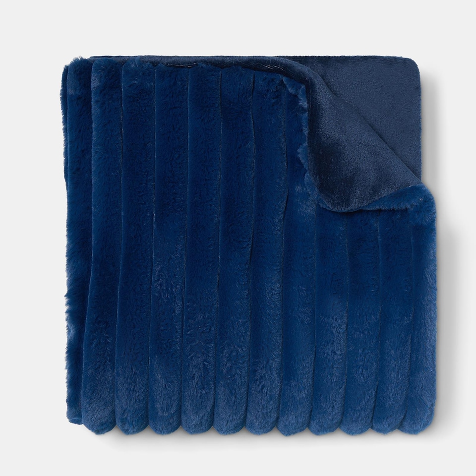 image 1 of OHS Faux Fur Ribbed Fleece Throw Over Bed Blanket Winter Warm Supersoft - 125 x 150cm | Blue | Navy