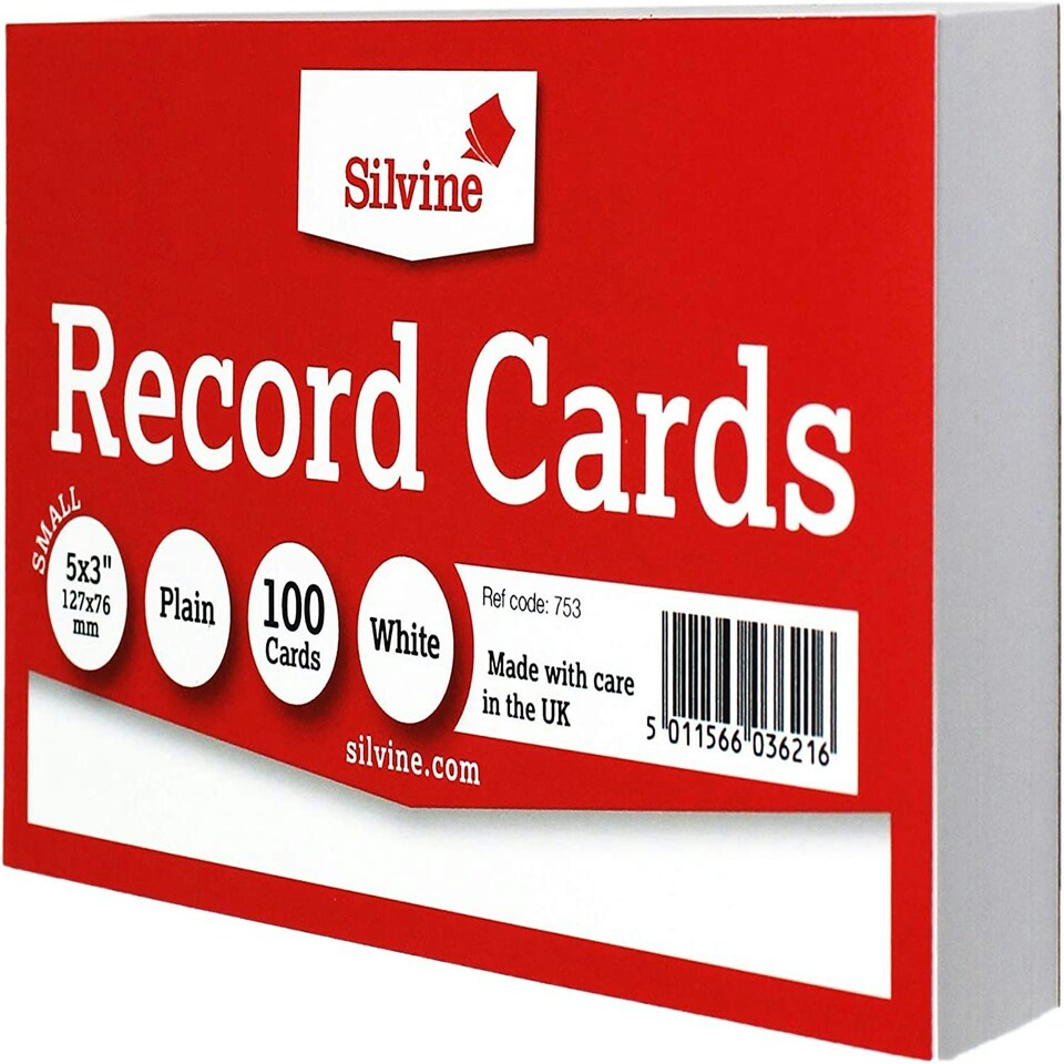 image 1 of Pack of 100 Plain White Record Cards 5x3" (127 x 76mm)