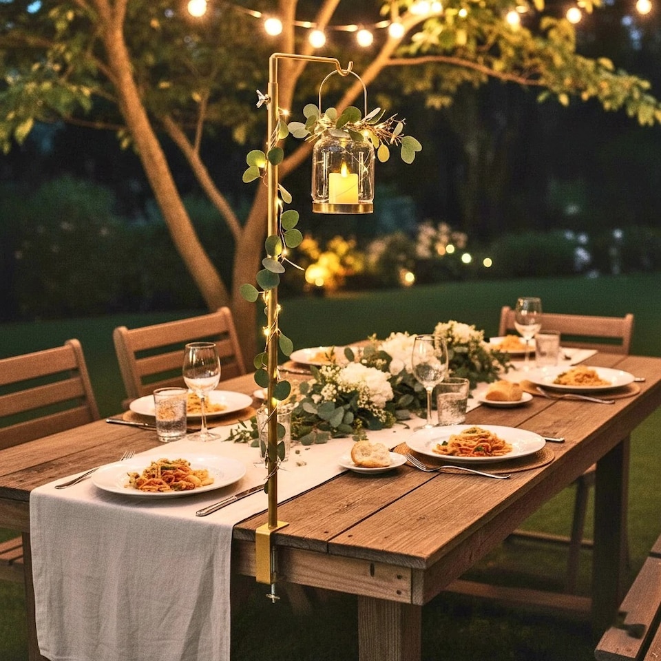 image 1 of Gold Metal Table Clamp Pole Hook Rail Stand Garden Lantern Hanger Party Rod | Gold | Set of 2