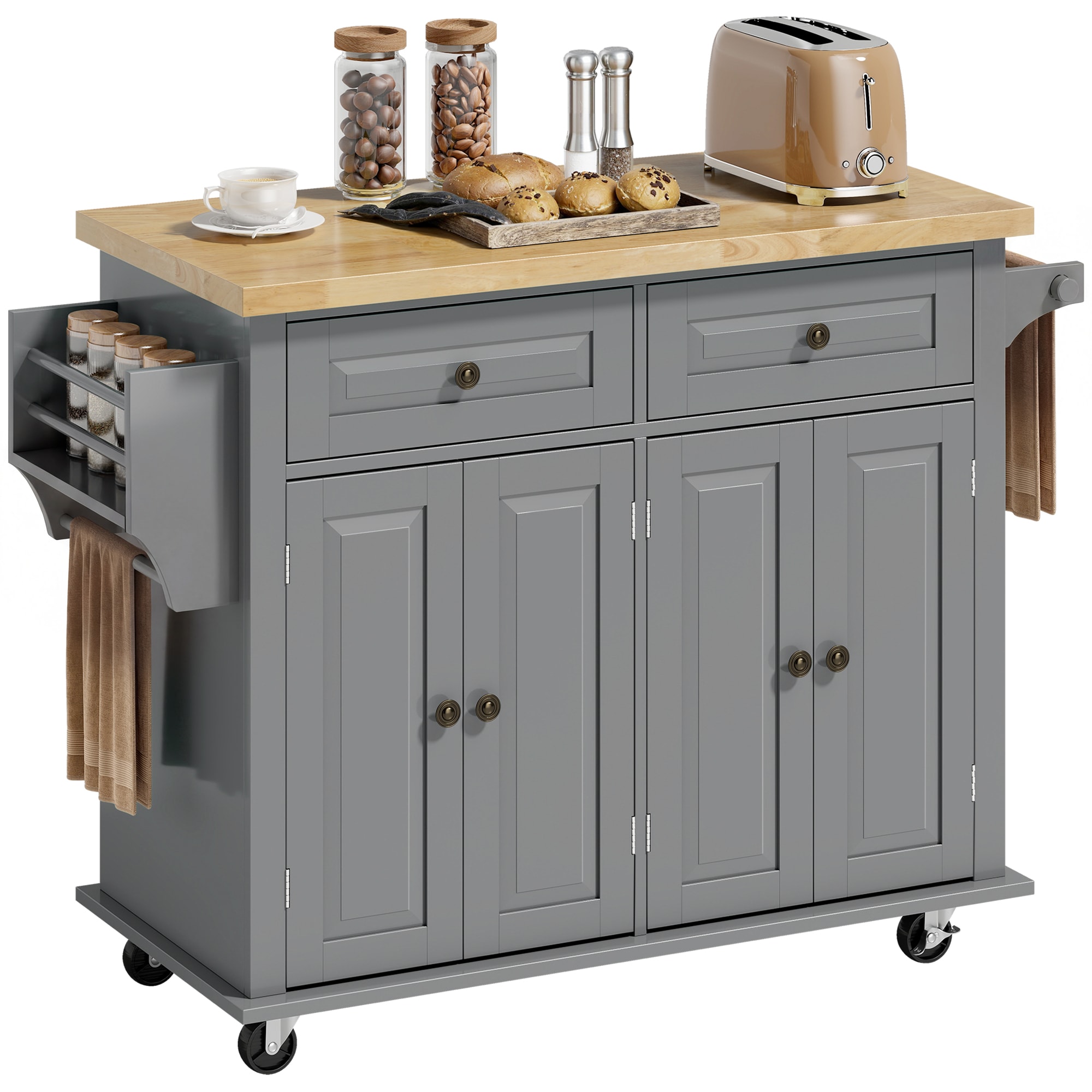 HOMCOM Rolling Kitchen Island Cart with Rubber Wood Top, Spice Rack, Grey, Grey