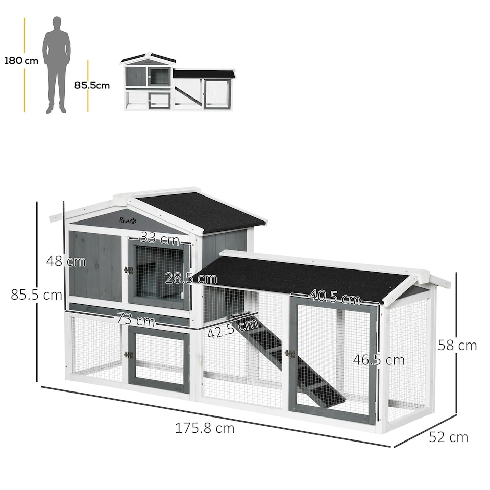 image 1 of PawHut Rabbit Hutch, 2-Tier Wooden Animal House w/ Run Box, Ramp, White