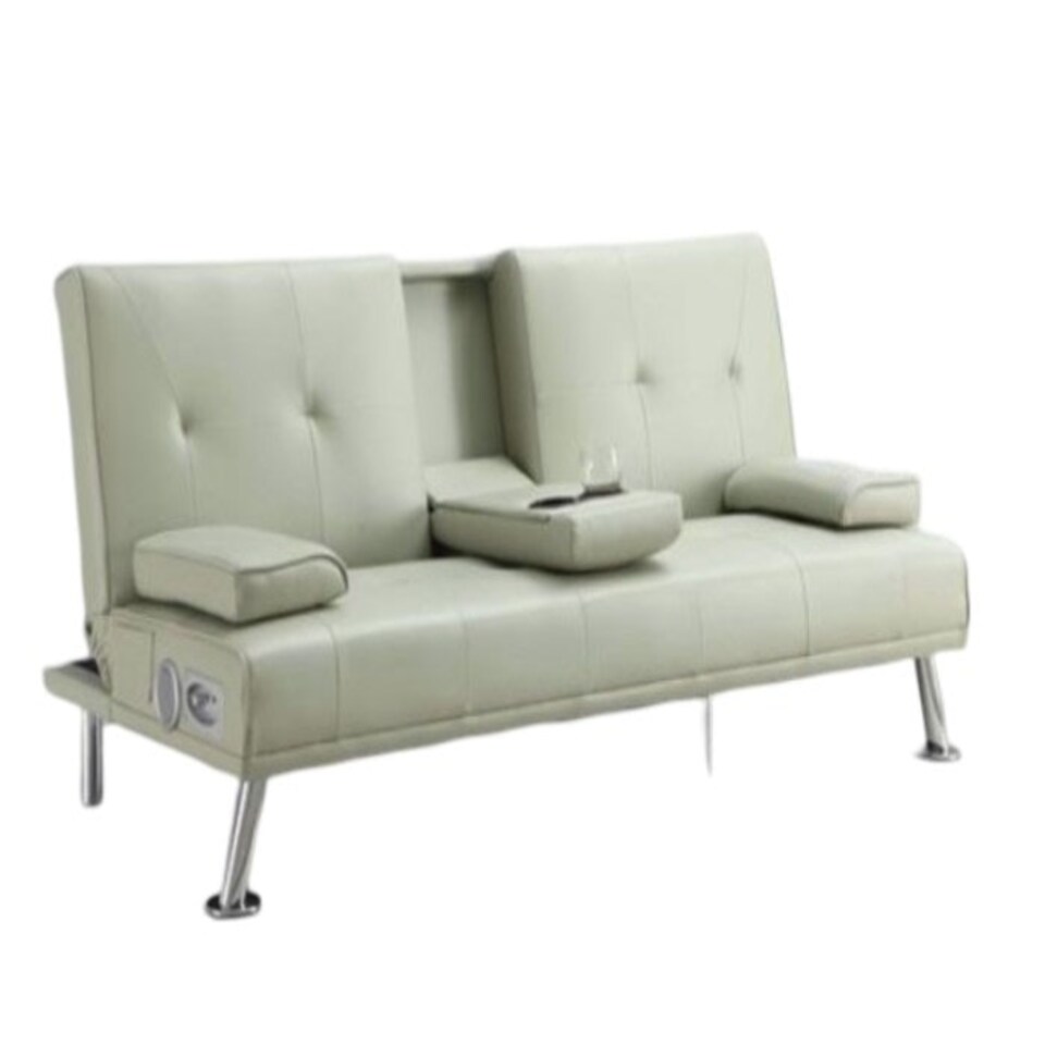image 1 of Bluetooth Cinema Faux Leather Clic Clac Luxury Sofa Bed with Drink Cup Holder In Cream