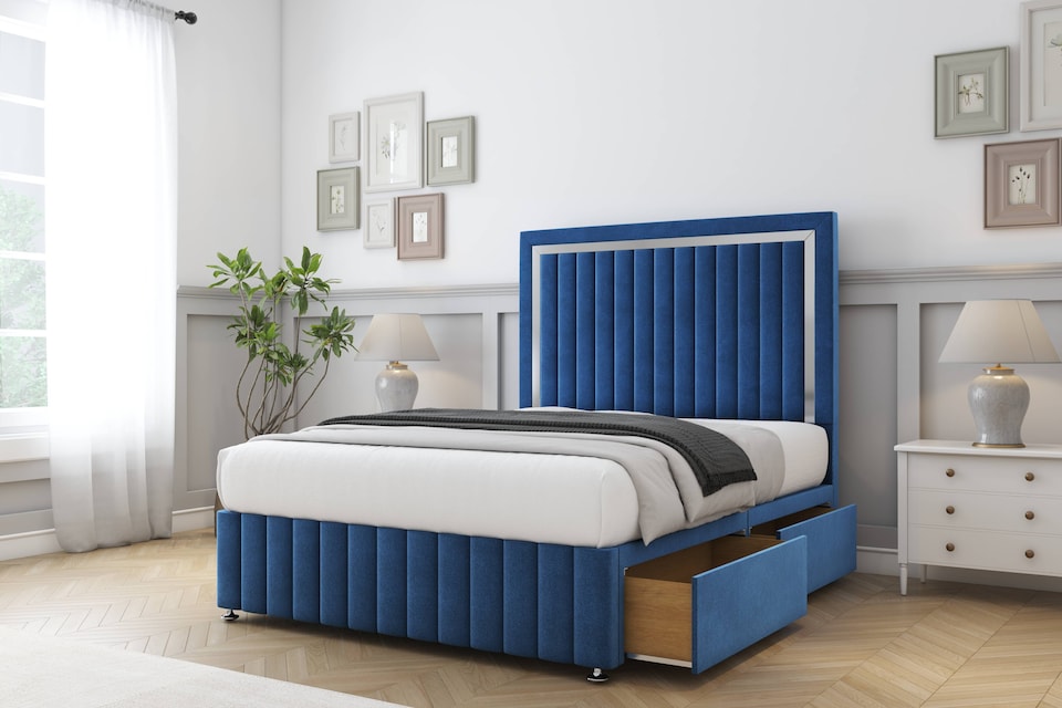 image 1 of Sloomy Boston Chrome Navy Plush Divan Bed Base No Drawers With 26 Inch Strutted Headboard & 12 Inch Matching Footboard | Blue | Navy | Small Double | 1
