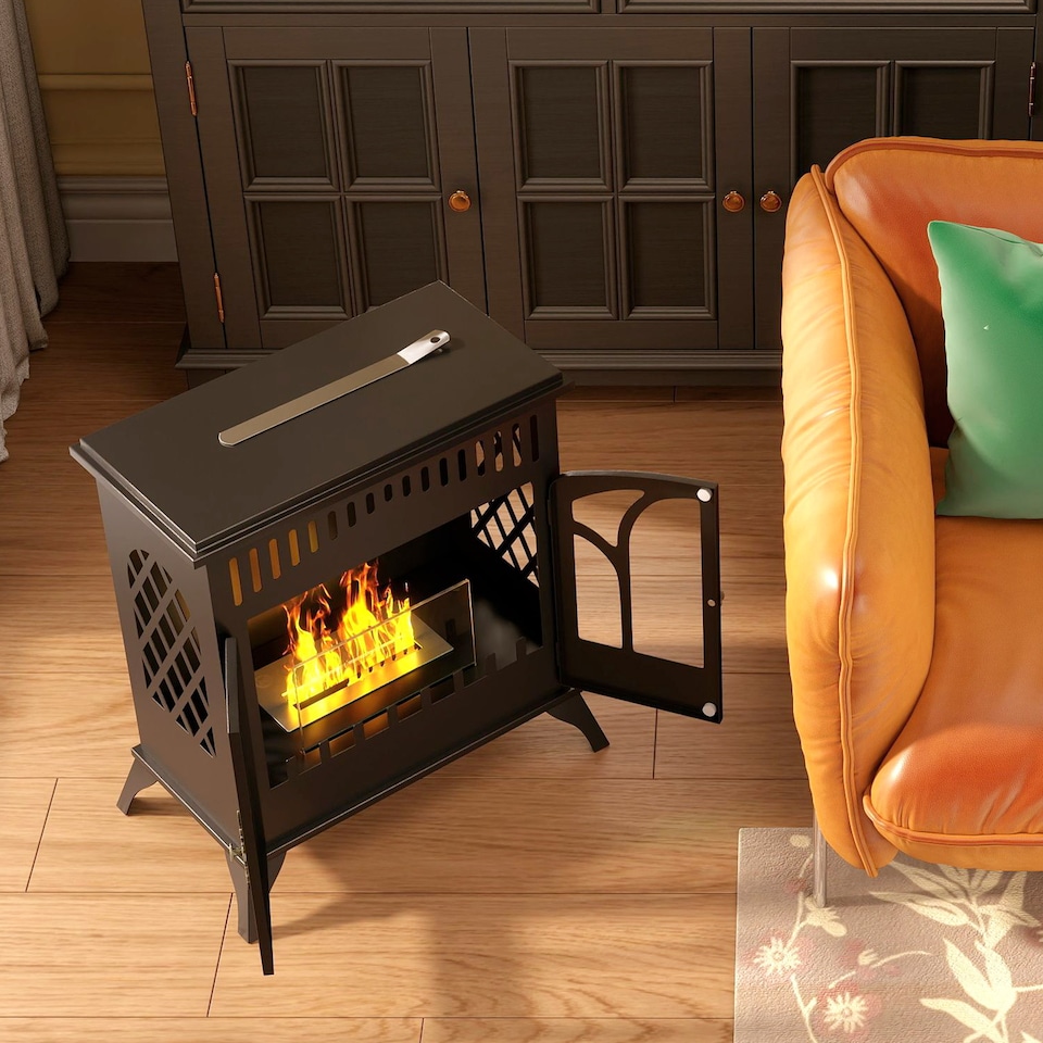 image 1 of HOMCOM Bio Ethanol Fireplace Stove, Freestanding Bioethanol Fire, Indoor Ventless Ethanol Burner with 0.9 Litres Volume, Door, Extinguisher, Steel, Tempered Glass Panel, Burns 3 Hours, 22 Inch, Black