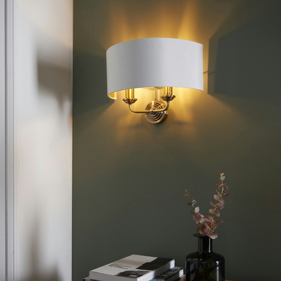 image 1 of Highclere Shade Wall Lamp, Antique Brass Plate, Vintage White Fabric