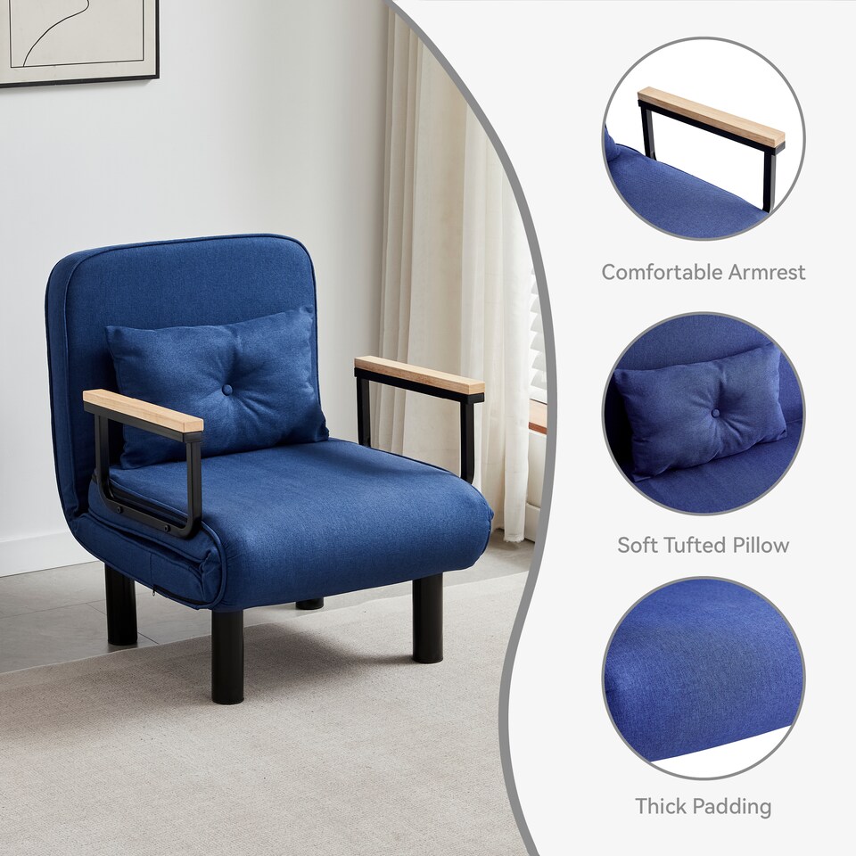 image 1 of 4 in 1 Folding Single Sofa Bed Convertible Lounge Sleeper Chair with Adjustable Backrest and Large Cushion Blue