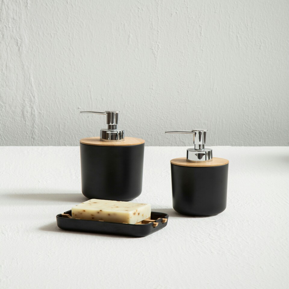 image 1 of Interiors by Premier Eco-Friendly Black Soap Dish, Removable Bamboo Insert Soap Tray, Modern Soap Case Holder, Bath Soap Holder