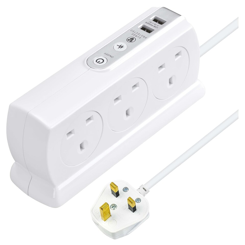 image 1 of Masterplug 6 Socket Surge Protected Extension Lead 2 Metre with USB Ports Switched Power Strip White