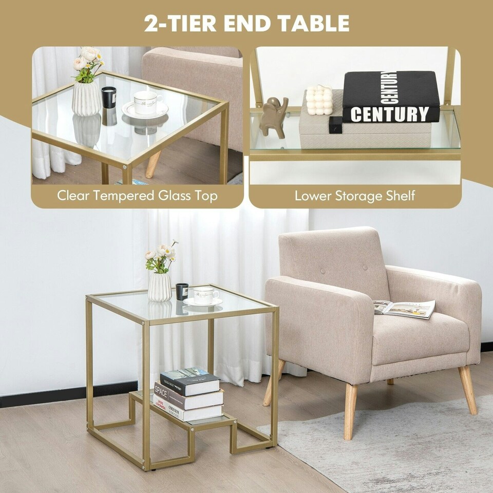 image 1 of COSTWAY 2-Tier Square Side Table Sofa End Snack Table Gold