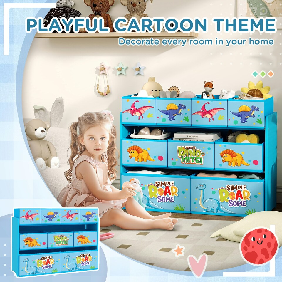 image 1 of AIYAPLAY 3-Tier Toy Organiser Shelf with 9 Storage Boxes for Bedroom, Blue