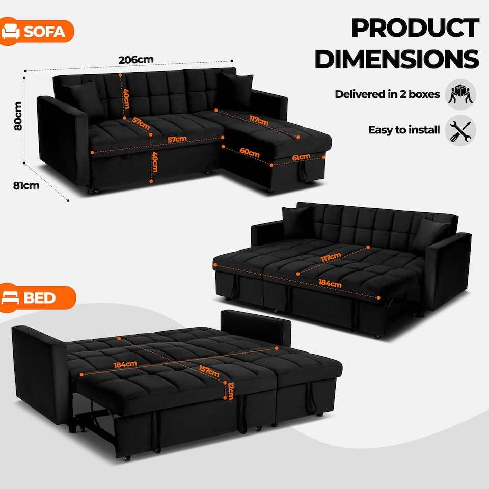 image 1 of Bargainia Milo 3 Seater Velvet Corner Sofa Bed Living Room