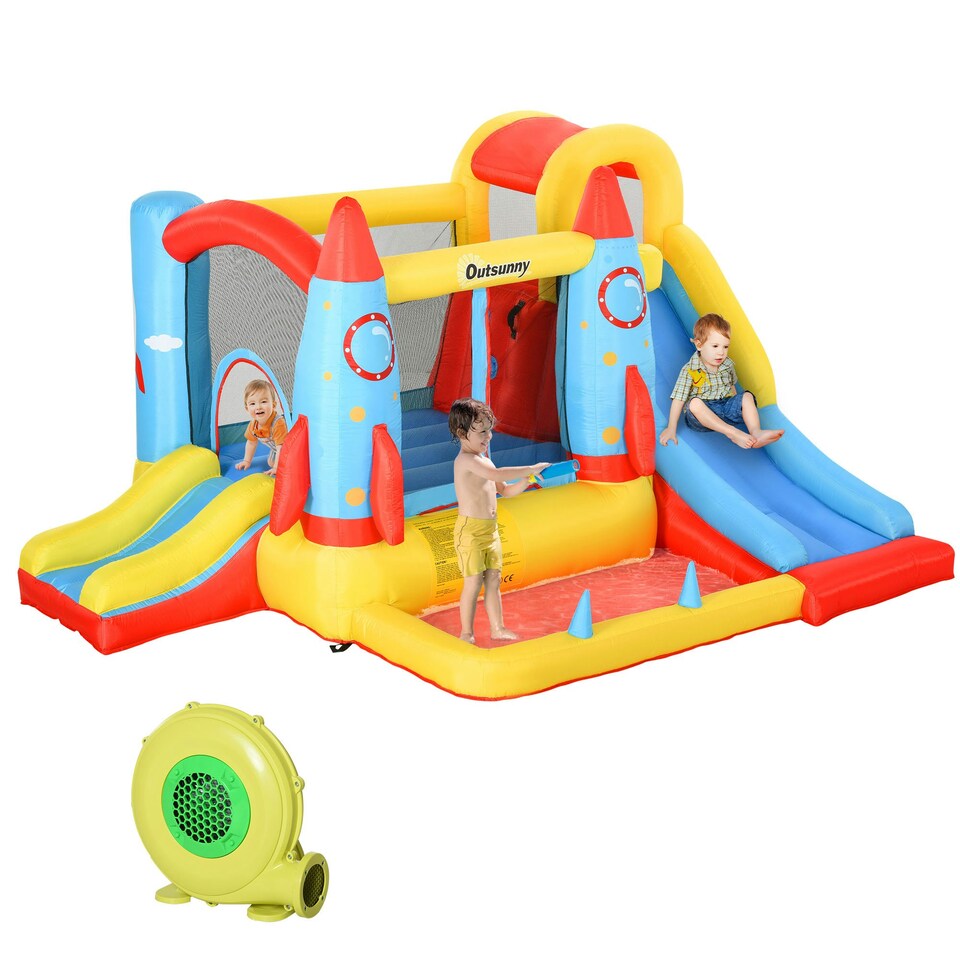 image 1 of Outsunny Bouncy Castle with Slide Pool Rocket Trampoline w/ Carrybag Blower