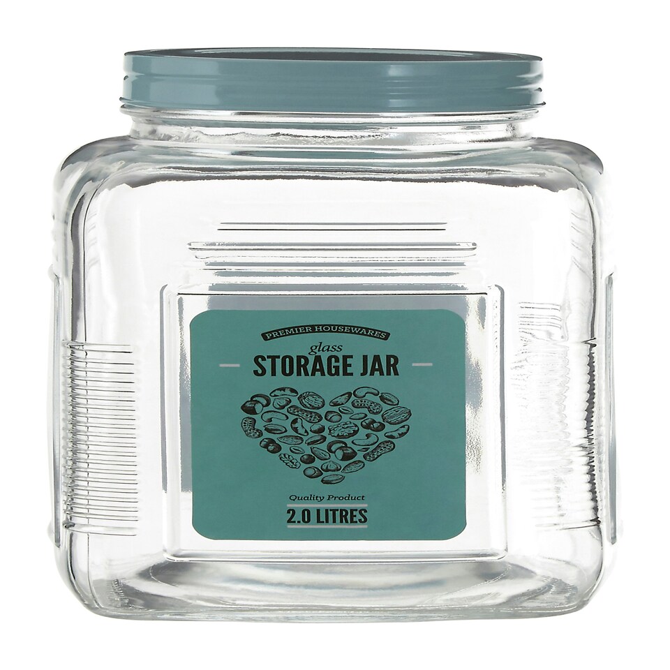 image 1 of Interiors by Premier Luca Assorted Square Clear Glass Large Storage Jar, 2L Capacity, Colourful Screw-On Iron Lid